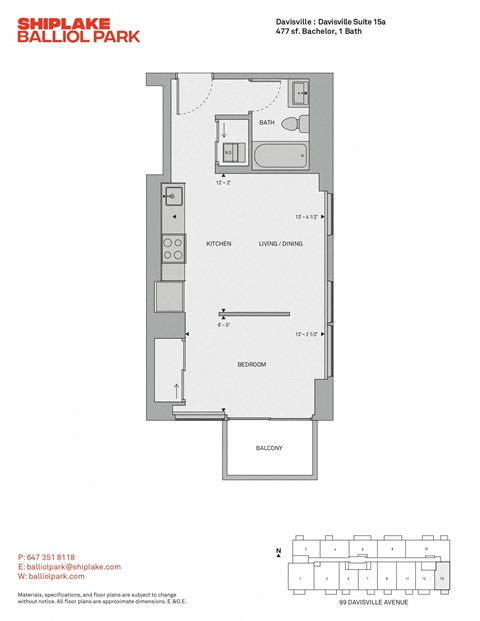 Floor plan for studio, 1 bath, 477 sqft